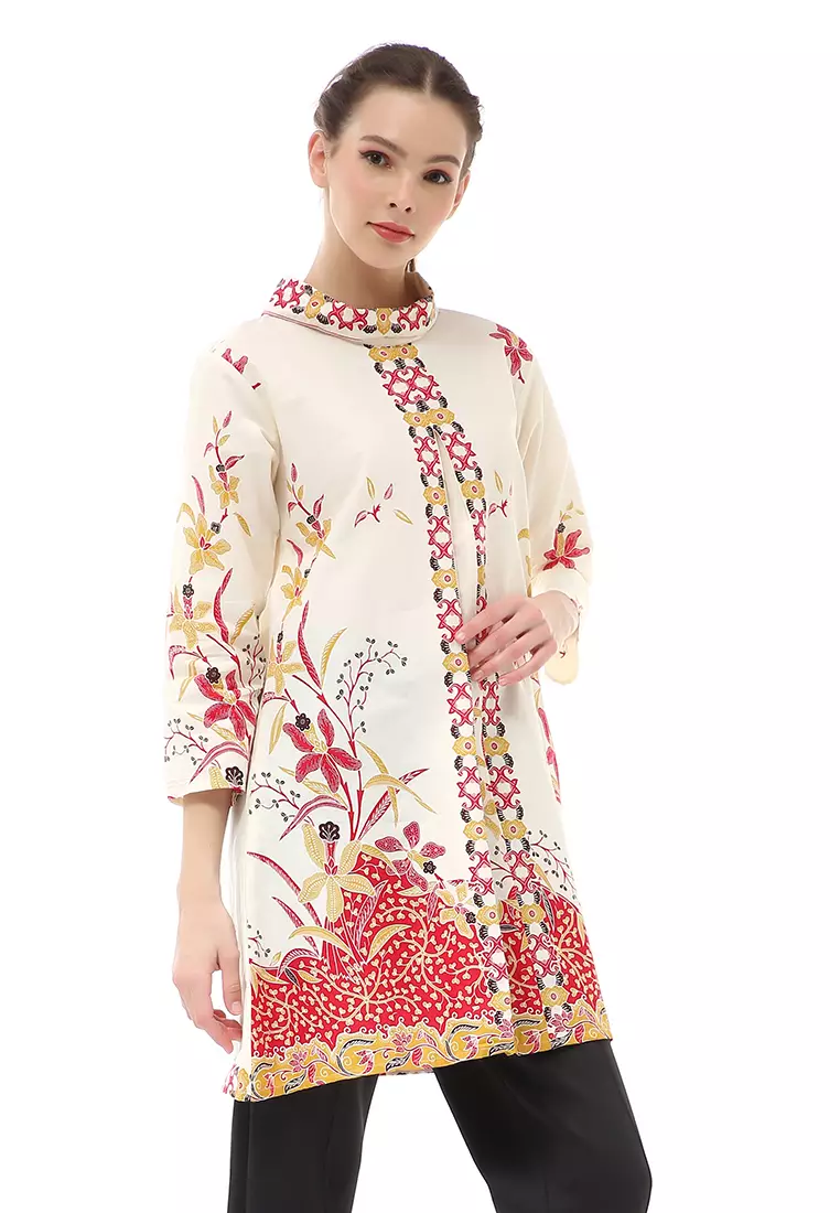 Olaf Atasan Batik Wanita Tunik Traditional Motive Elegant Design Material Cotton ORIGINAL - White Red