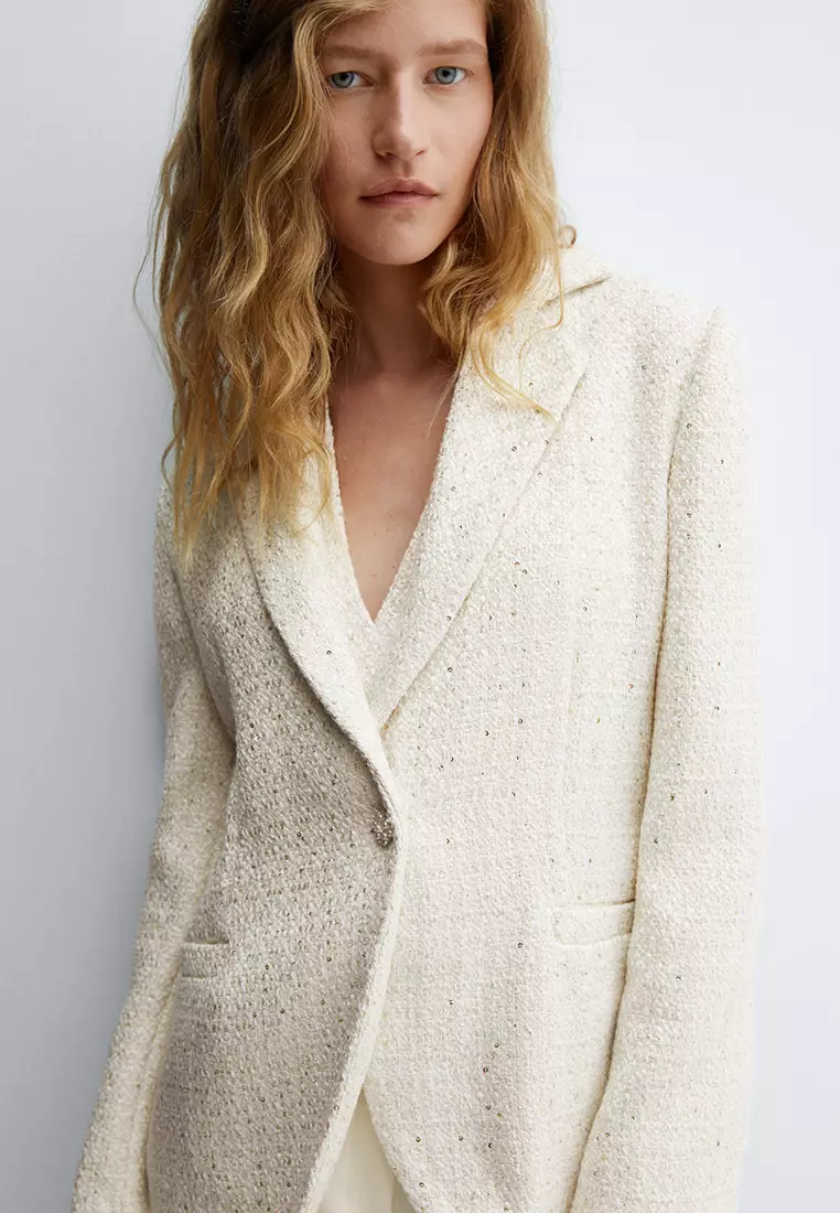 Tweed Blazer With Jewel Button