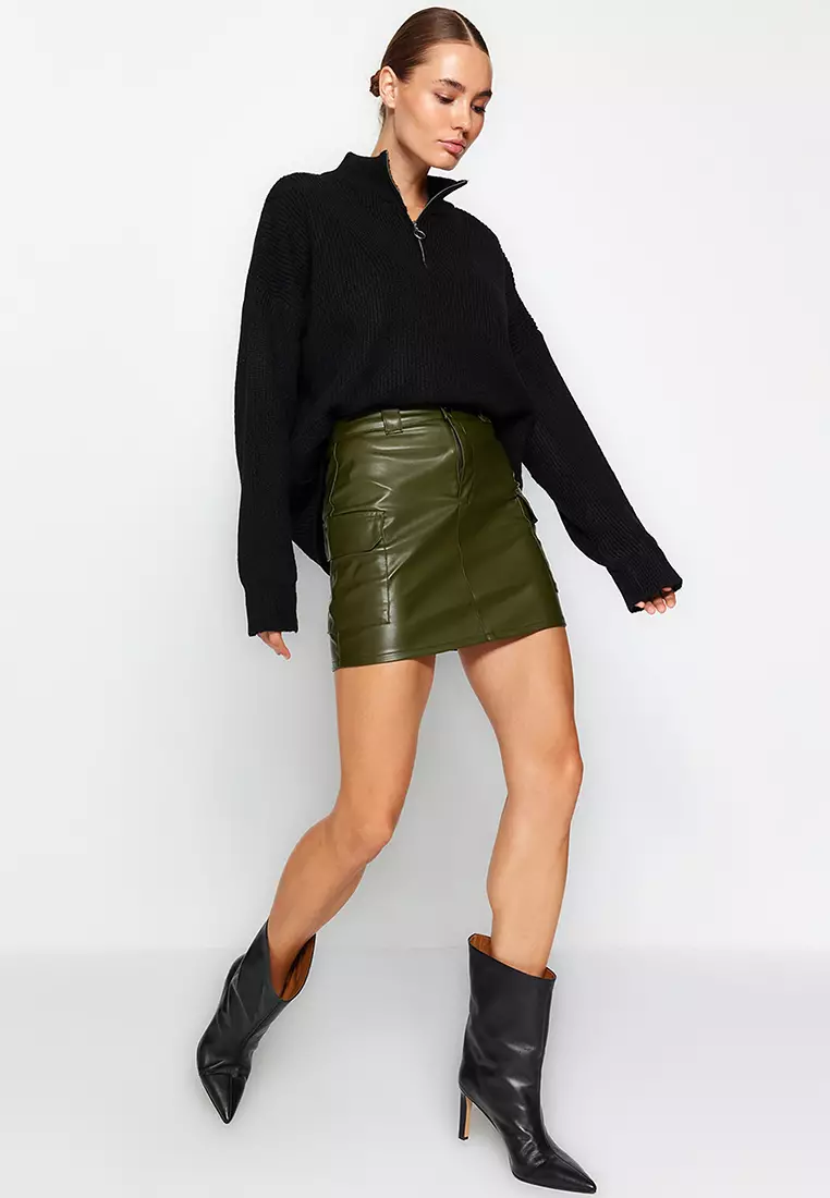 Faux Leather High Waist Fitted Mini Skirt with Cargo Pocket