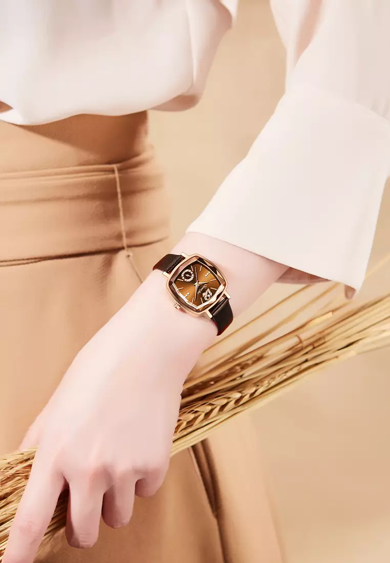 Jam Tangan Wanita Klasik 8009 Mode Display Kuarsa Santai Jam Tali Kulit Jam Tangan Cewek all brown