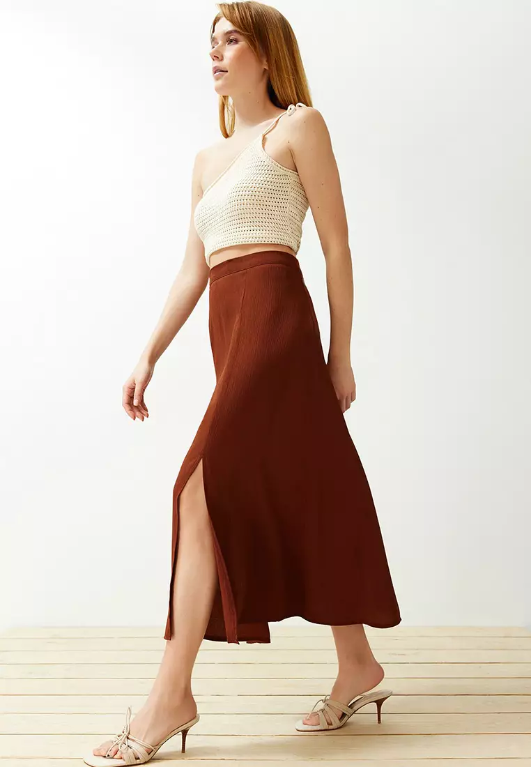 Textured Fabric Midi Skirt with Slit Detail