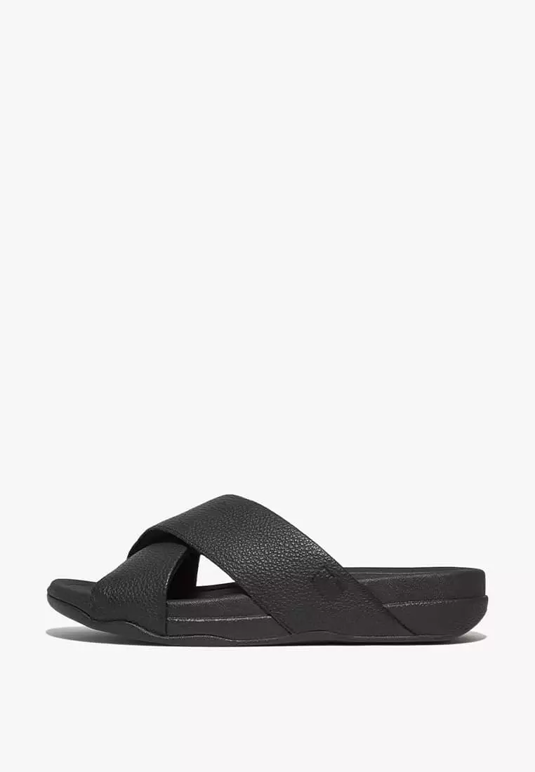 Discount on Fitflop  shoes - SKU: Fitflop Surfer Mens Tumbled-Leather Cross Slides- Black