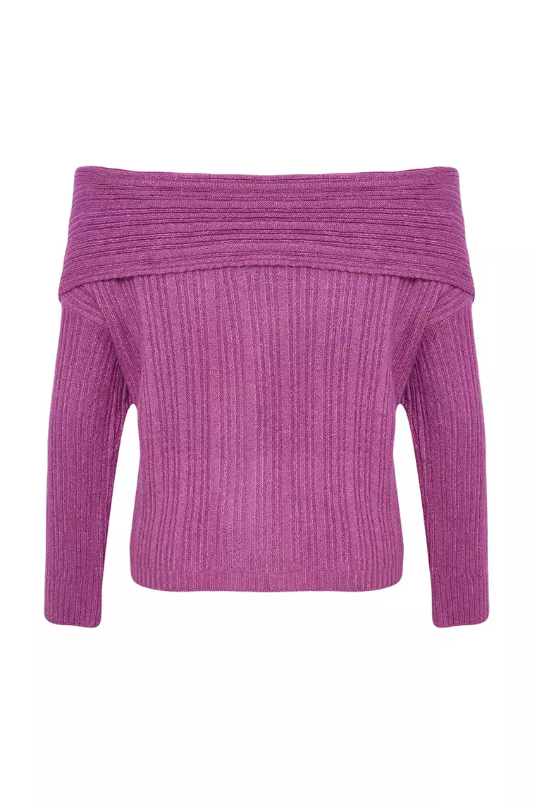 Plum Soft Textured Carmen Collar Knitwear Sweater TWOAW25KZ00076