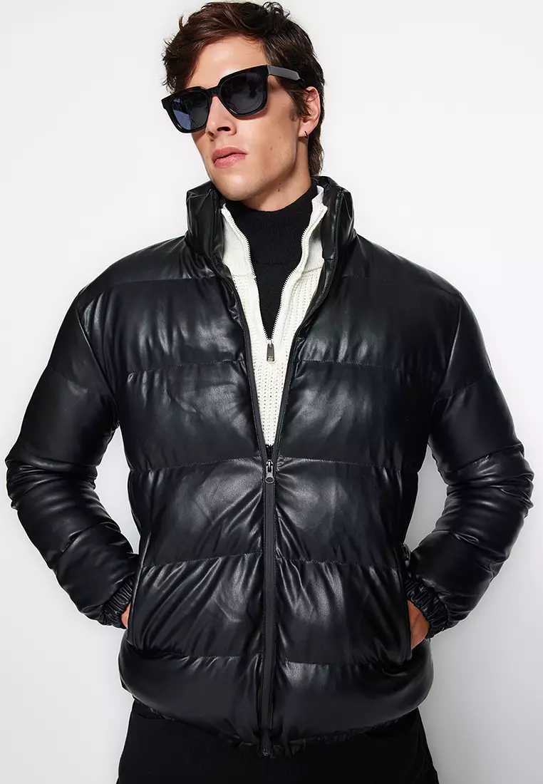 Buy Trendyol Black Men's Regular Fit Stand Up Collar Faux Leather Down