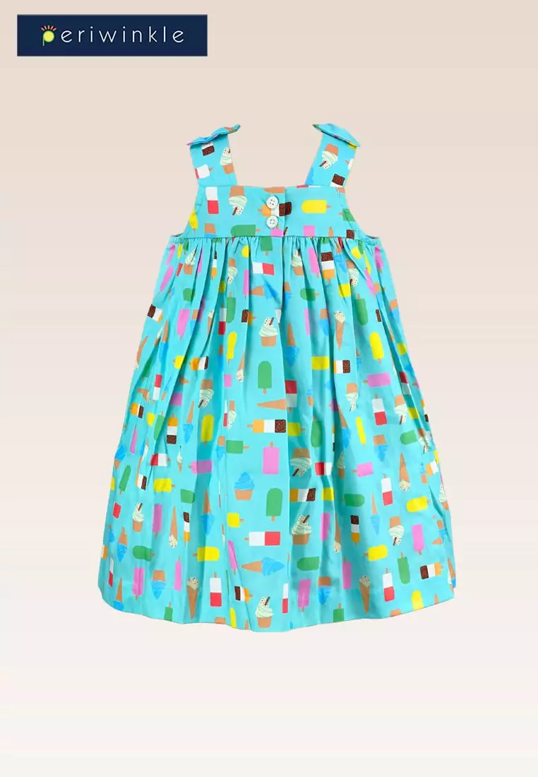 Hailey Baby Girls Blue Green Allover Ice cream Print Empire Dress with Diaper Cover