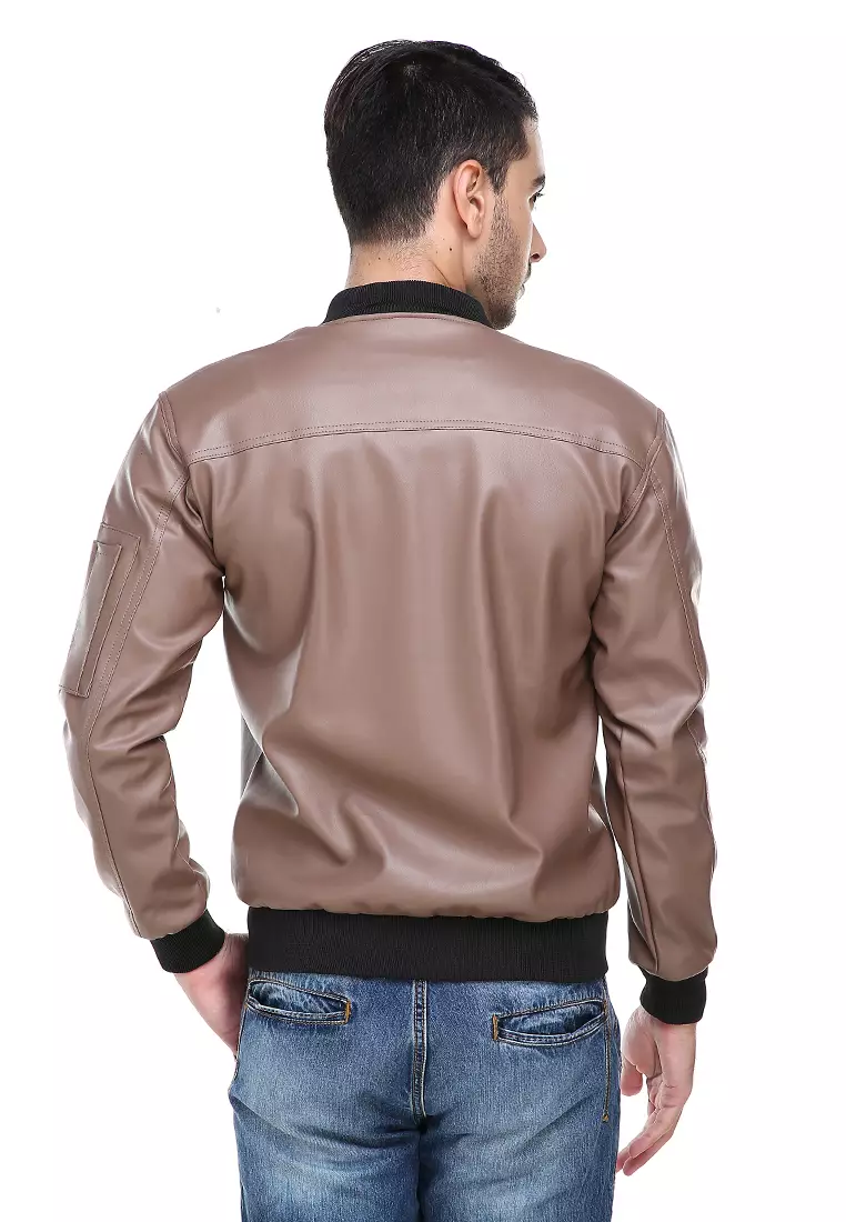 Clover Jaket Bomber Pria Now Ori Soft Material Leather Kulit ORIGINAL - Mocca