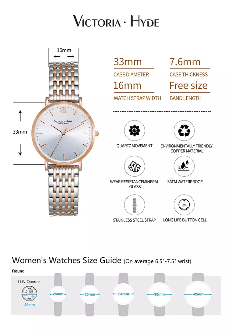 Primrose 女士手表 经典雙色玫瑰金-銀不鏽鋼表鏈 33mm玫瑰金圓形表殼-玫瑰金色