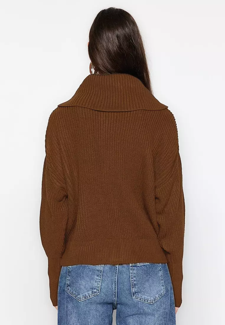 Light Brown Wide Fit Turn Down Collar Zipper Knitwear Cardigan