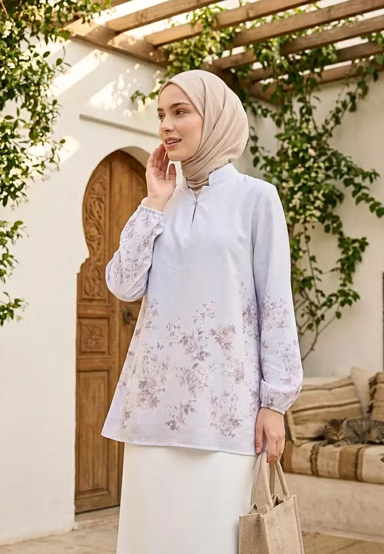 Floral Blouse Sifon With V neck In Soft Blue By Brilliant Girl Warna BIRU