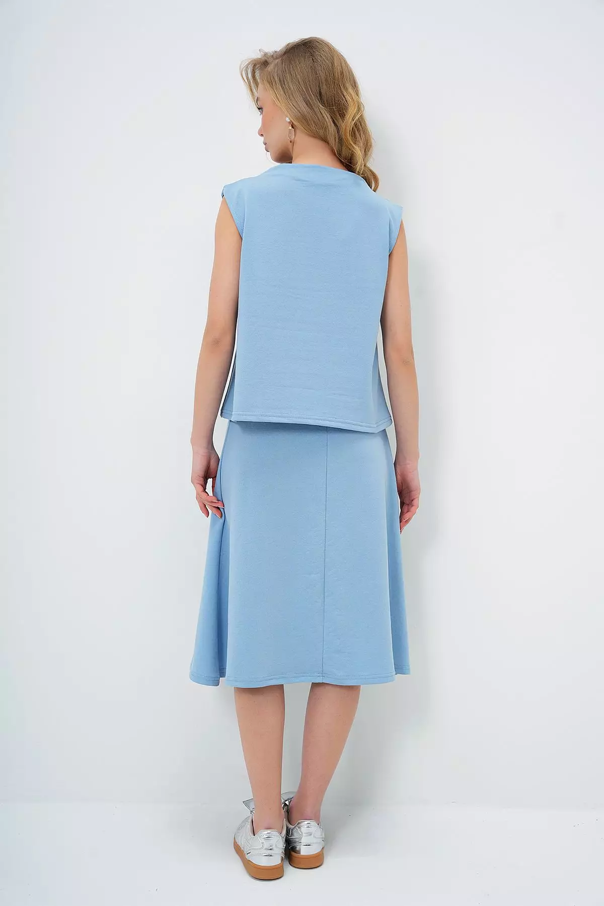 Women's Blue Stand Collar Sleeveless Blouse Skirt Set