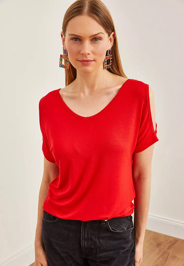 Women's Red V-neck Shoulder Low-cut Knitted Viscose Blouse BLZ-19002291