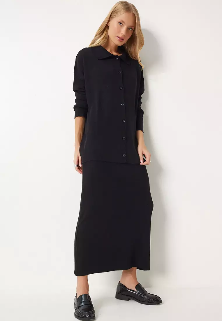 Polo Neck Knitwear Cardigan Skirt Set