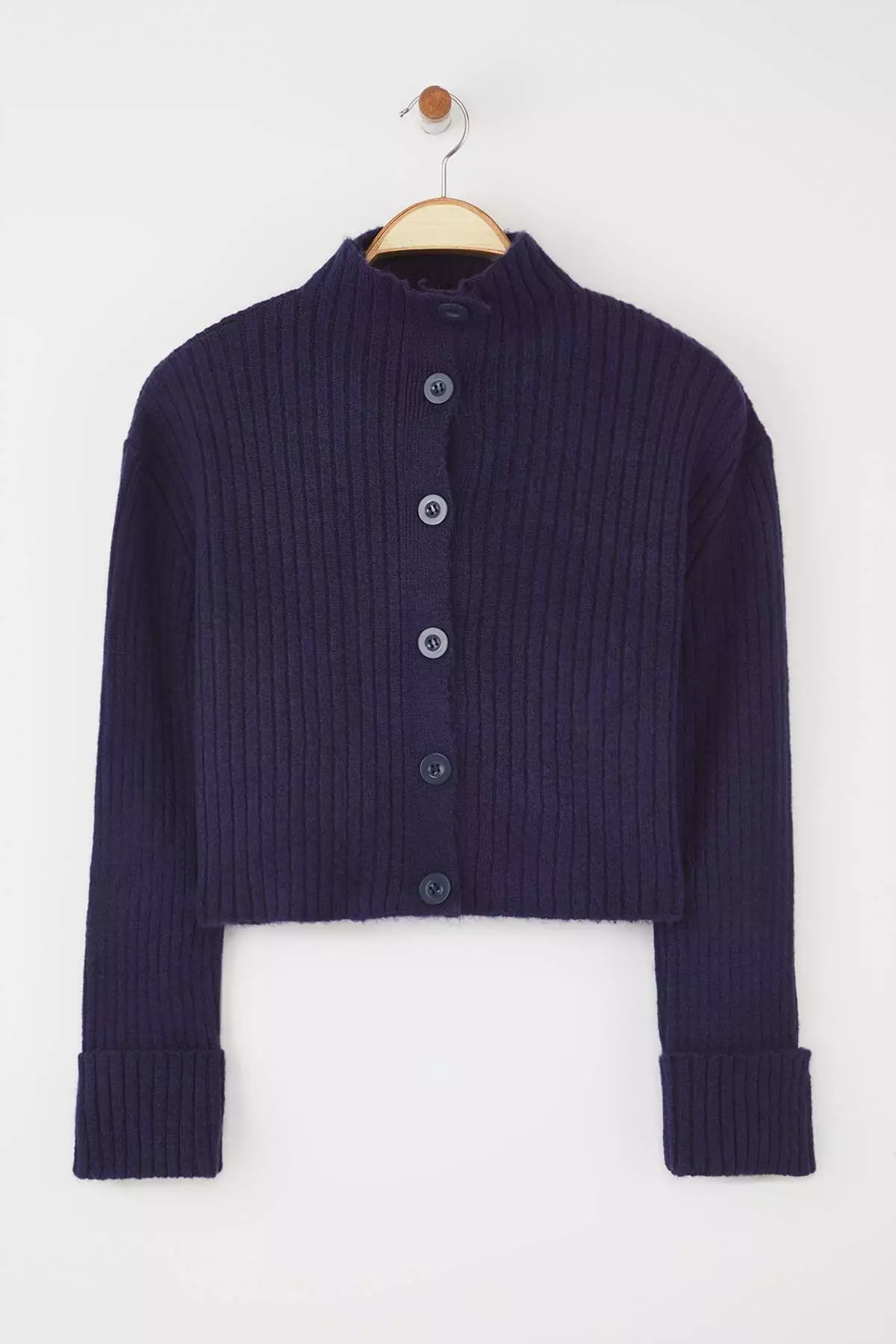 Navy Blue Crop Soft Textured Stand Collar Knitwear Cardigan