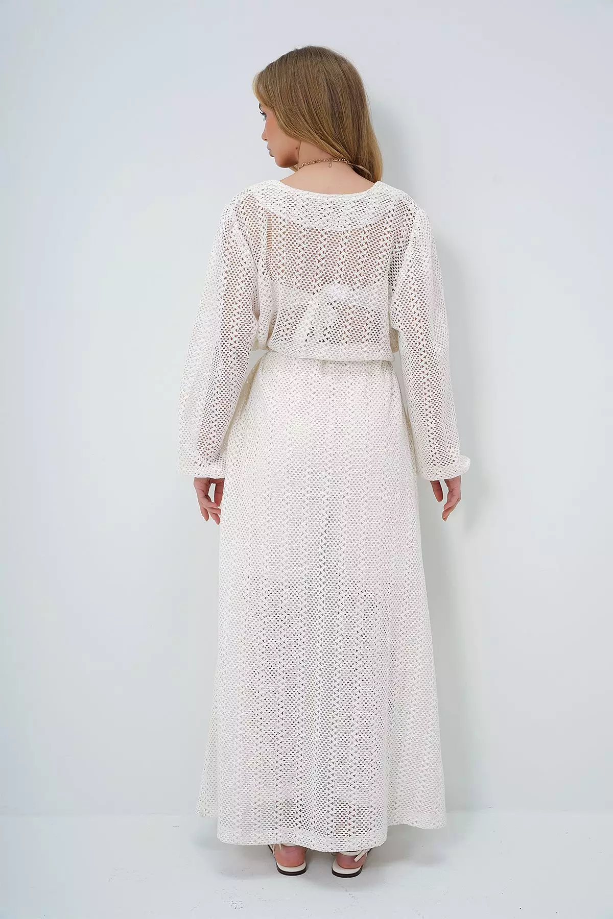 Women's Ecru Self-Textured Openwork Long Trouser Kimono Set