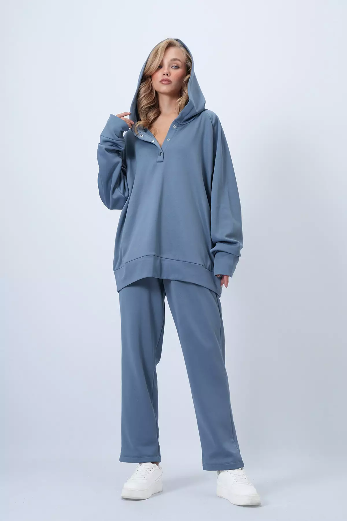 Indigo Hooded Snap Fastener Oversized Sweatshirt And Pants Set Alc-X12476