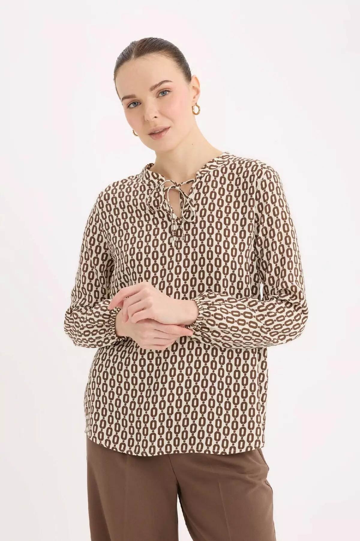 Regular Fit Lace-Up Collar Patterned Long Sleeve Blouse N1809Az25Sp