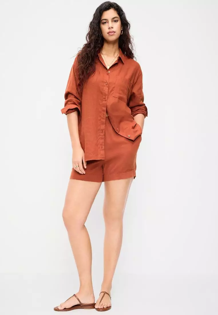 High-Waisted Beach Linen Pull-On Shorts