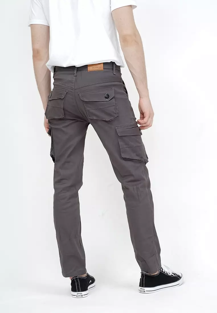 Celana Panjang kargo Pria Slim Fit Cargo pants kantong stretch melar abu tua