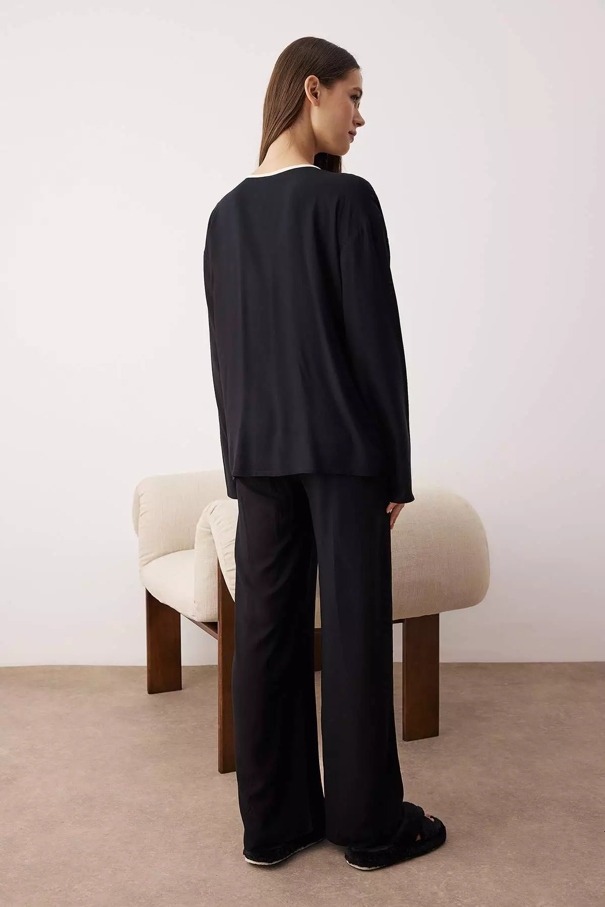Black Plain Ribbon Shally Woven Pajama Set