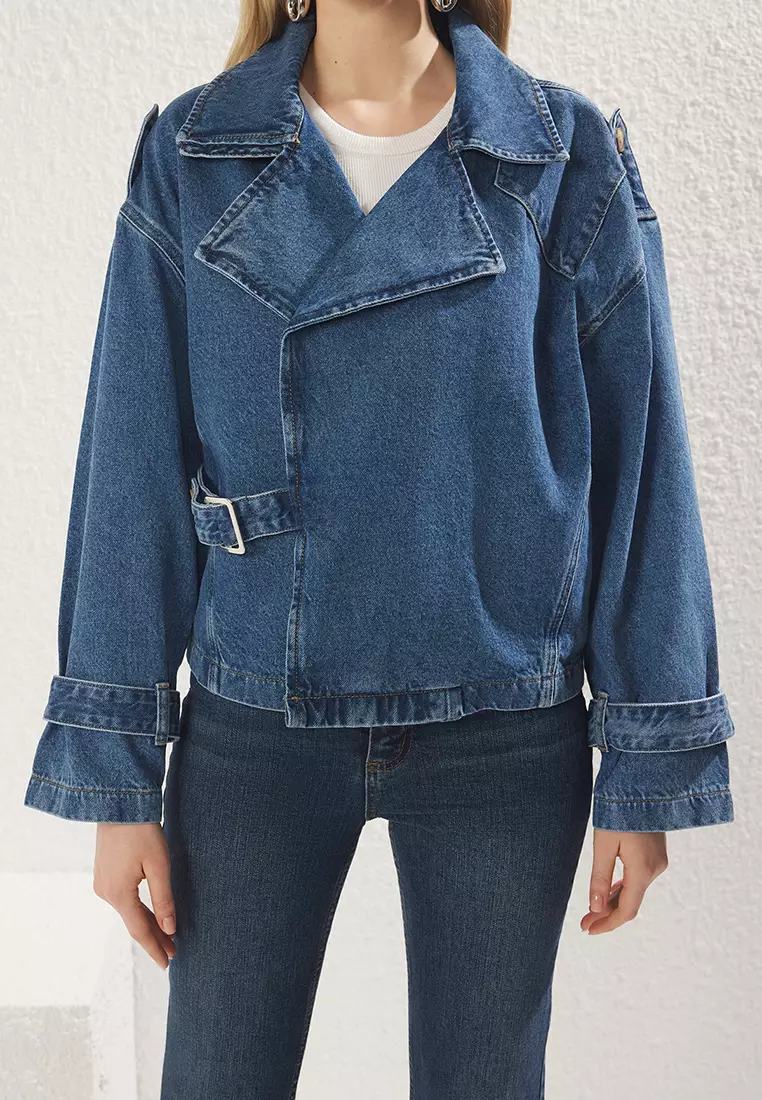 Blue Double Breasted Belt Buckle Oversize Denim Blazer Jacket