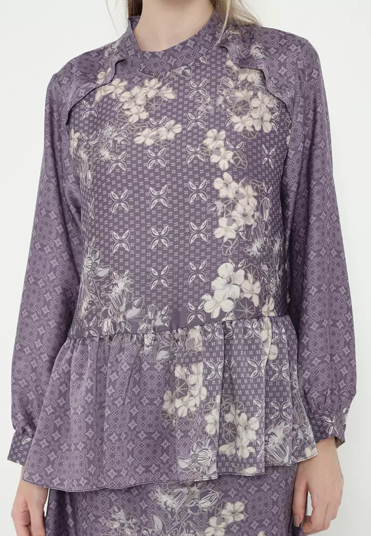 Blouse Floral Ethnic Lavender Long Sleeve Armany Silk By Brilliant Girl Warna Ungu