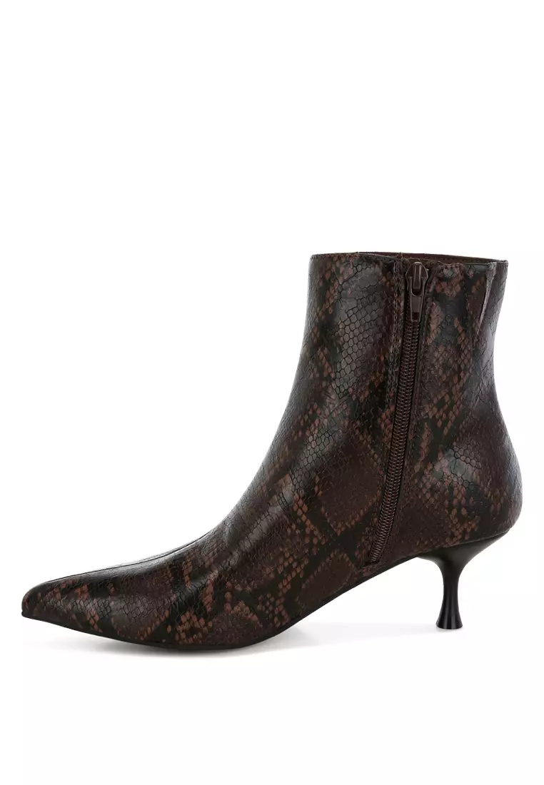 Snake Print Kitten Heel Boots in Chocolate