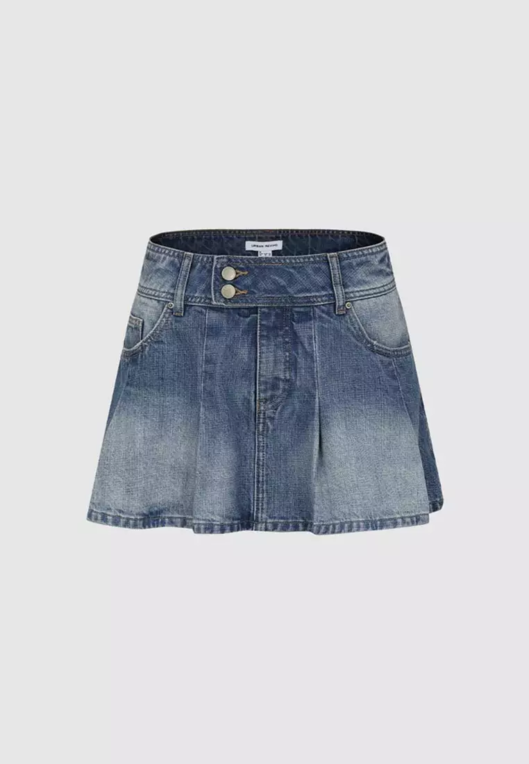 High Waist Washed Denim Double Button Pleated Skirt