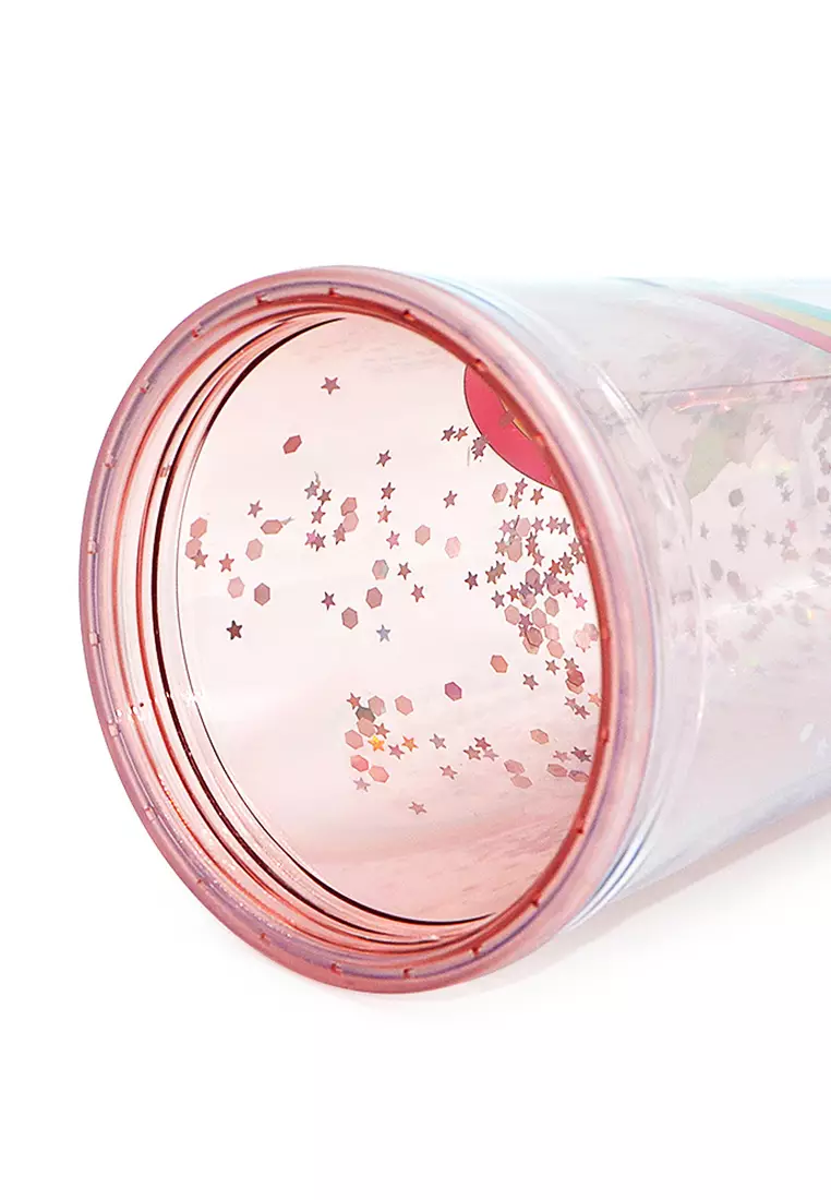 Wakakids Gelas Tumbler Cup Glitter Funny Dino Botol Minum Aesthetic Lucu Free Sedotan 450ML Merah