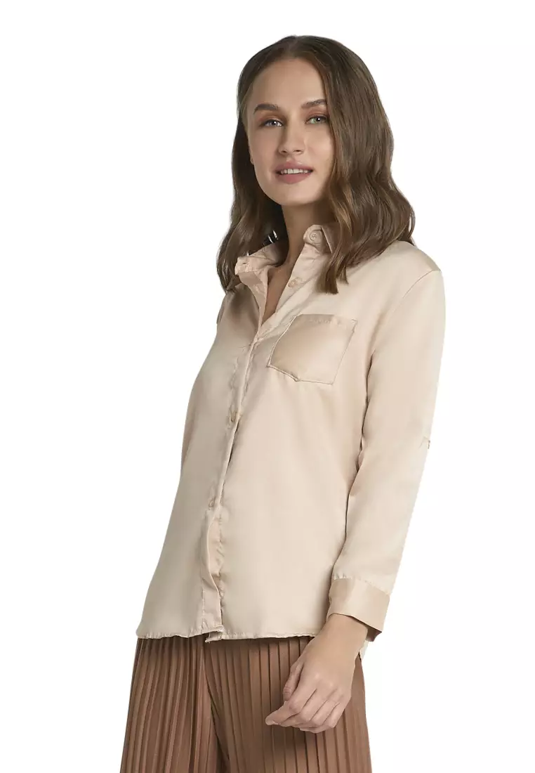 Uchenna Kemeja Lengan Panjang Shirt Plain Atasan Wanita Baju Kerja Regular Fit - Mocca