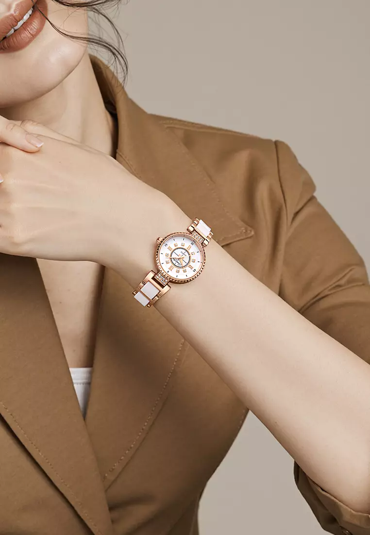 Jam Tangan Wanita Original 8013 Korea Santai Berlian Anti Air Tali keramik Jam Tangan Cewek rose white