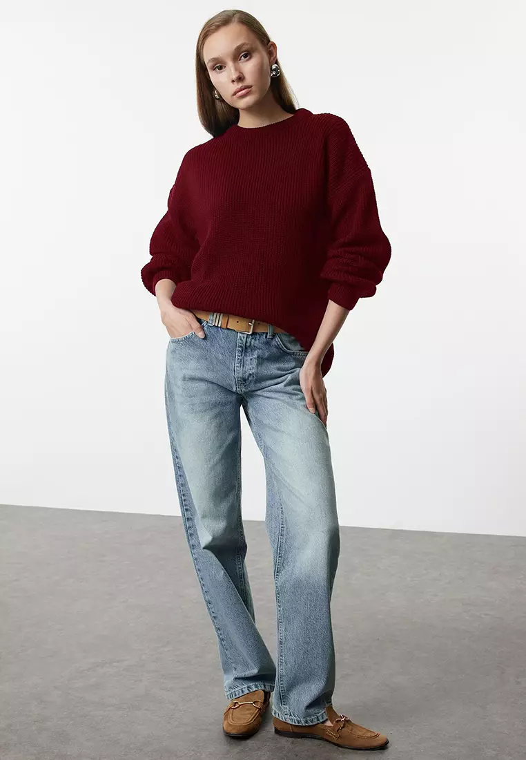 Claret Red Wide Pattern Ribbed Crew Neck Knitwear Sweater TWOAW25KZ00342