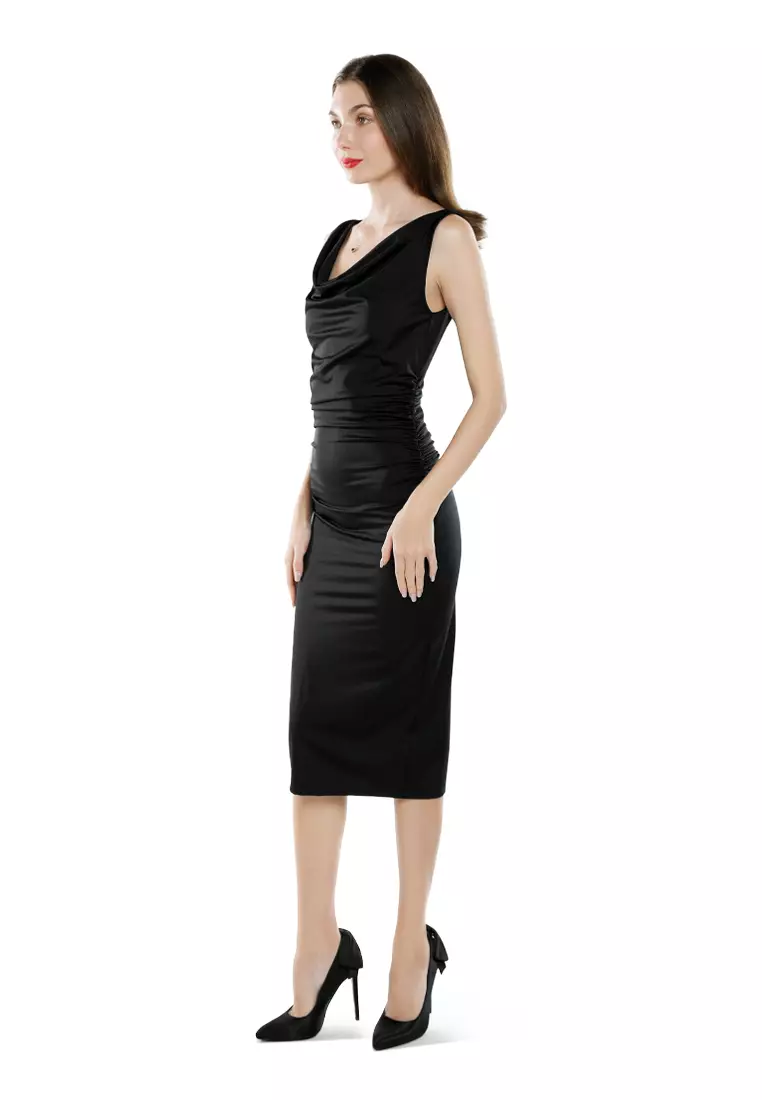 Black Sleeveless Draped Knee Length Dress