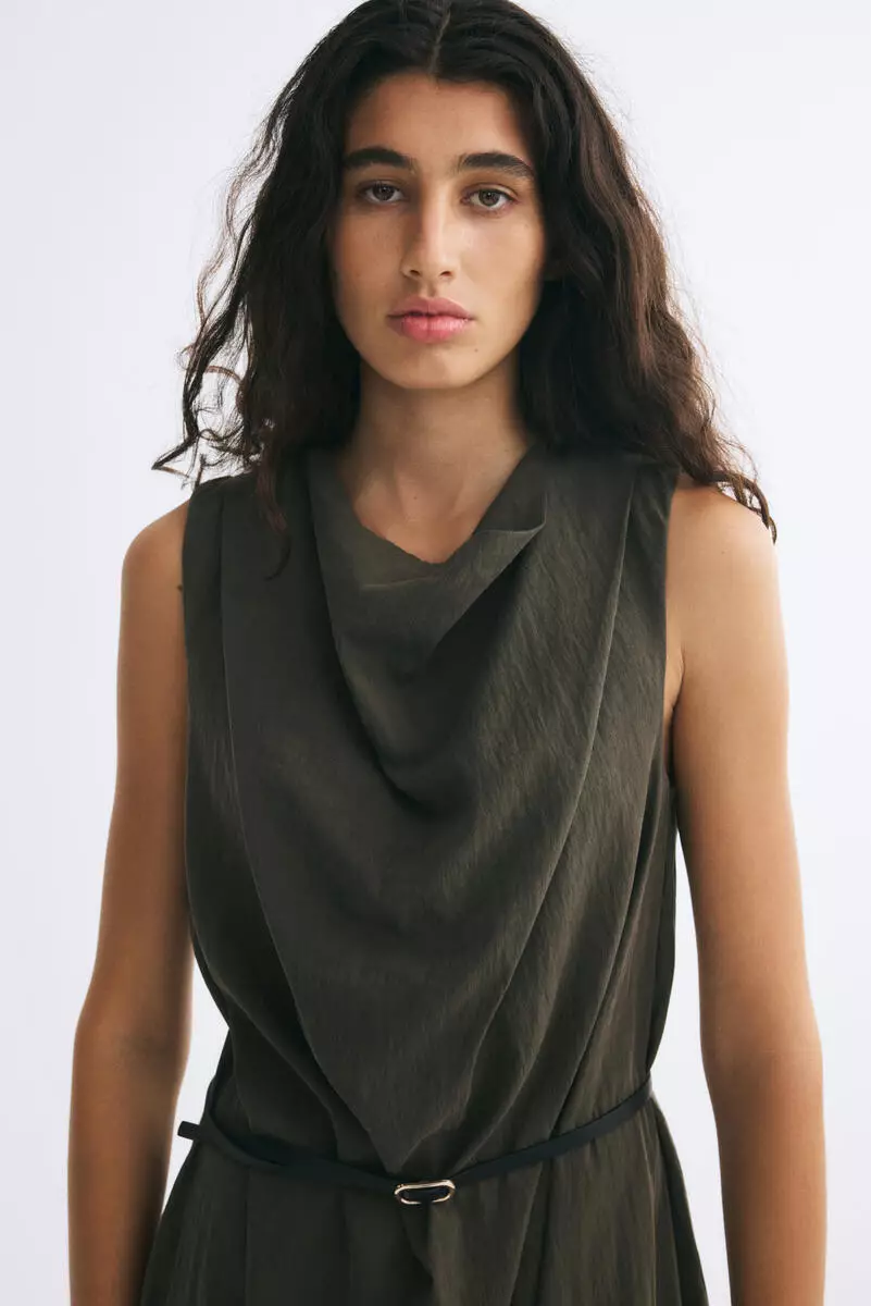 Belted cowl-neck dress