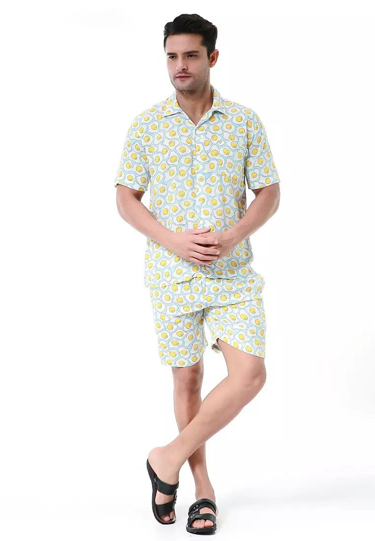 Deon Piyama Pria Kemeja One Set Lengan Pendek Motif Egg Material Rayon ORIGINAL - Blue