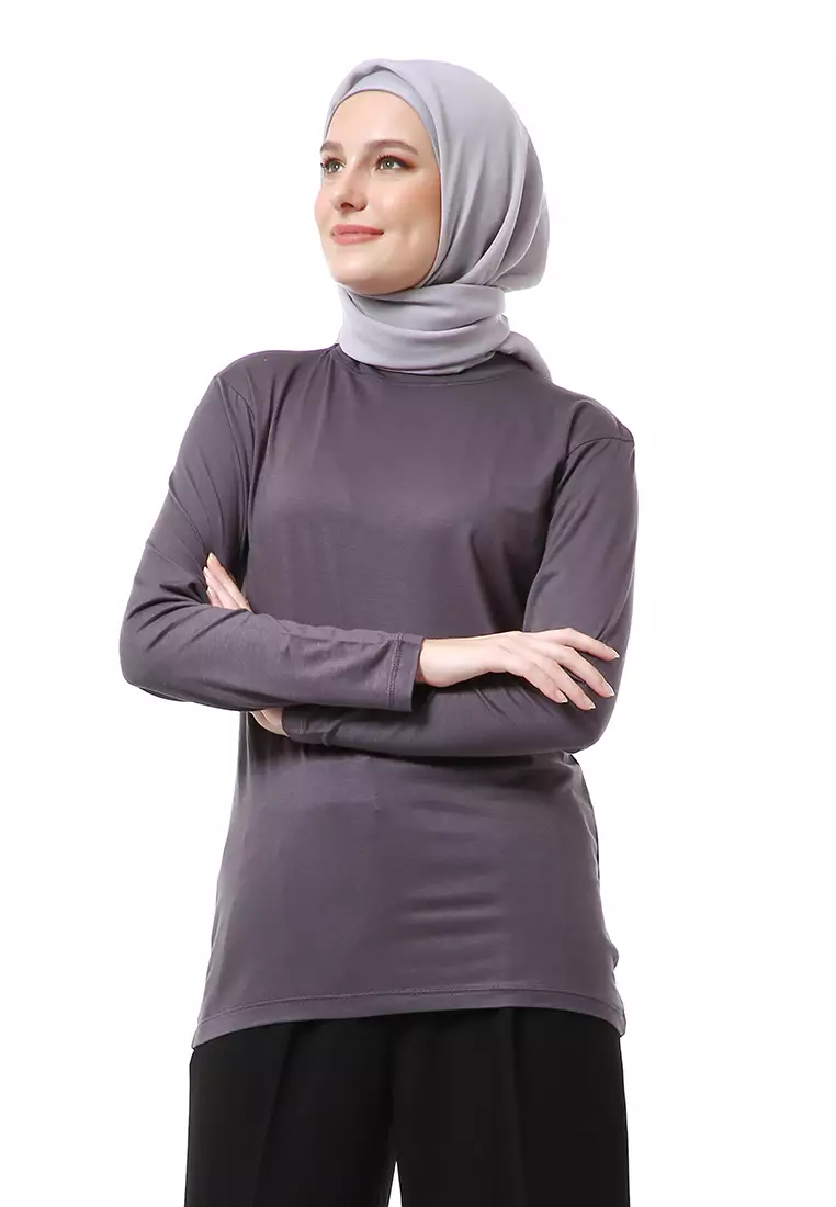 Zlora Manset Atasan Wanita Motif Polos Long Sleeve Reguler Fit - Dark Grey