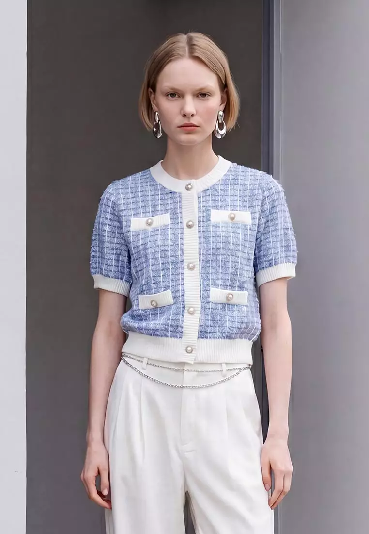 Short Sleeve Tweed Knit Cardigan