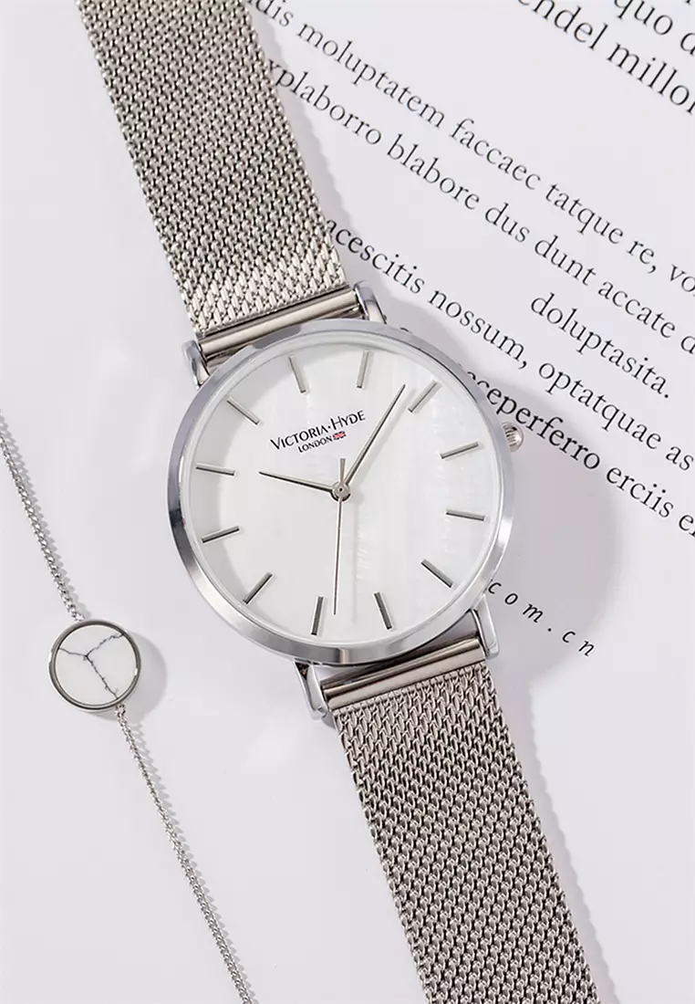 女士手表 银色不锈钢网状表带 33mm表壳 白色表盘-银色