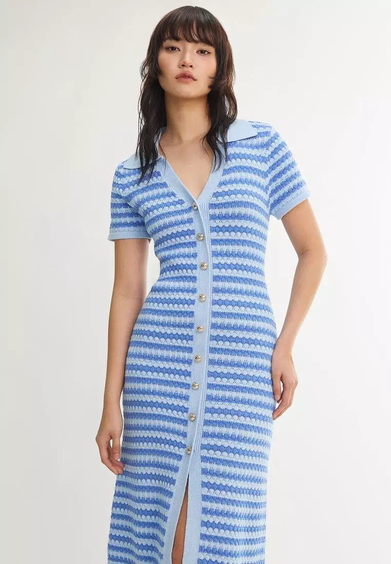 Striped Button Front Knit Polo Midi Dress - Aqua Blue