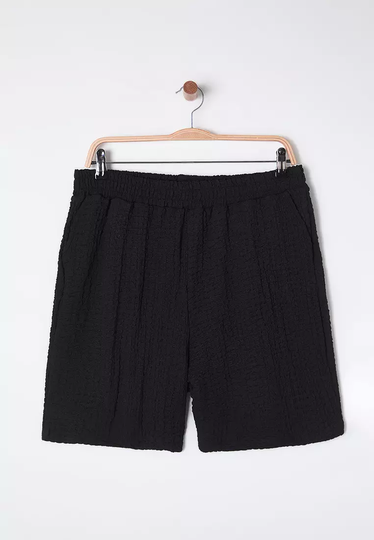Black Relaxed Fit Textured Fabric Plus Size Knitted Shorts & Bermuda TBBSS25AP00005