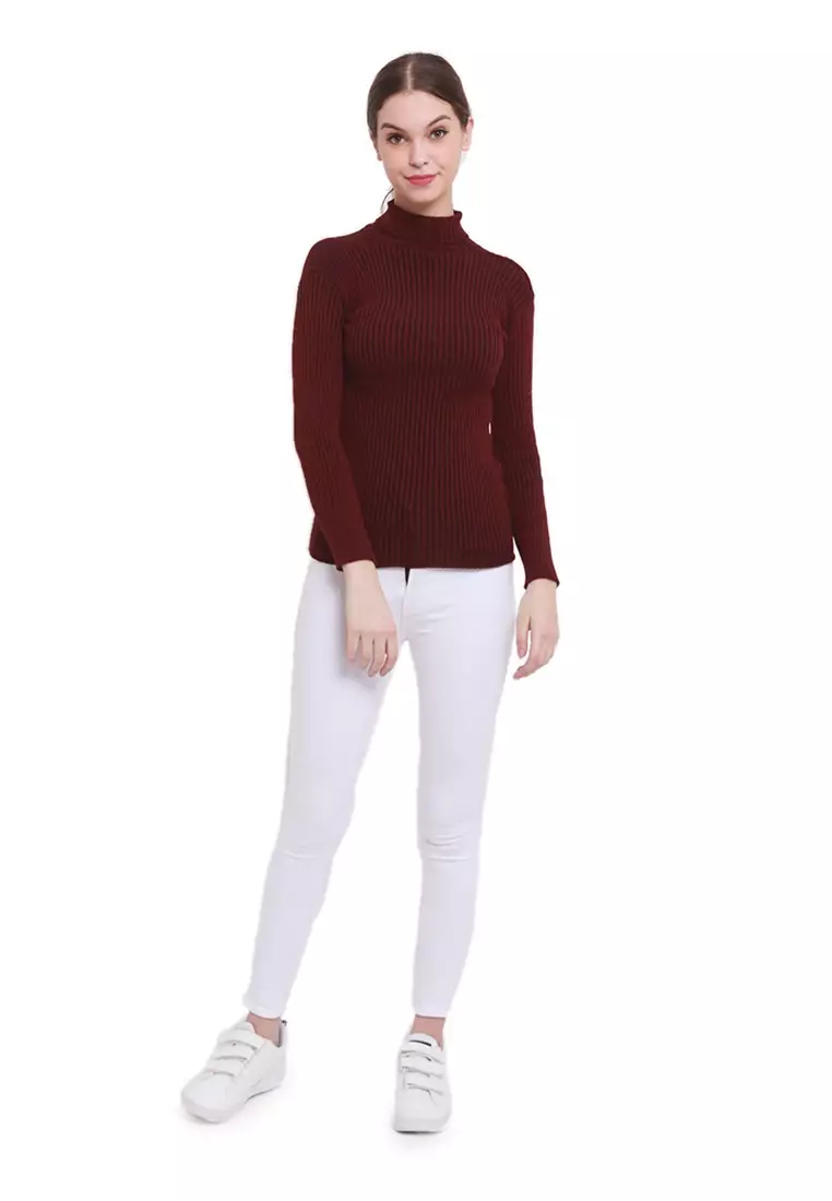 Misel Sweater Rajut Turtle Neck Long Sleeves Atasan Ribbed Wanita - Maroon