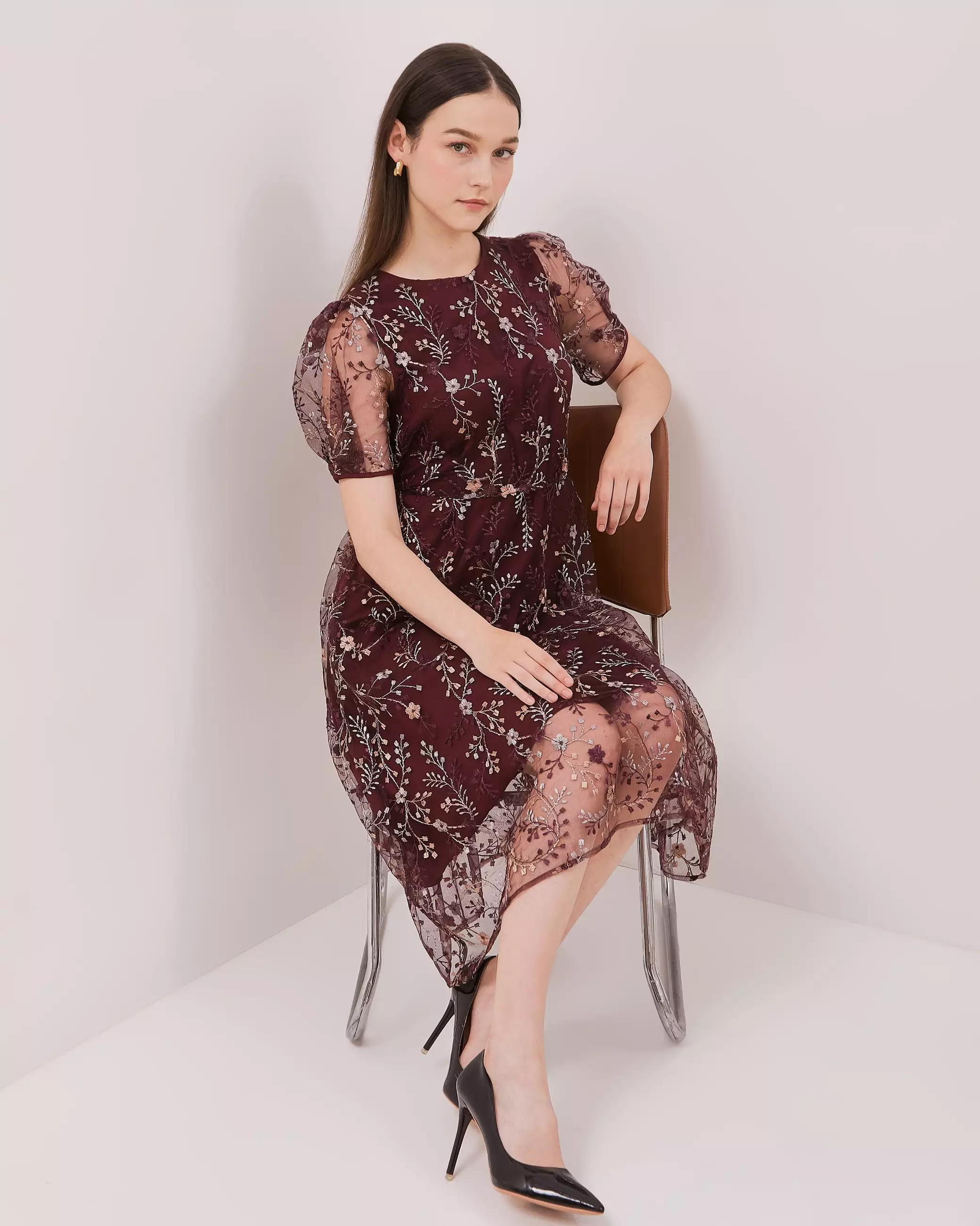 Urban Exchange Noella Burgundy Dress / Midi Dress Brokat Dress Natal Warna Burgundy