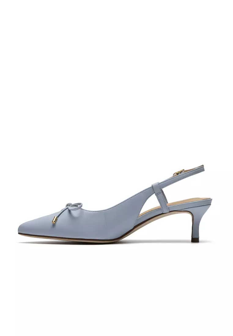 Womens Zarey Bow Heeled Mules Light Blue Lea - Wide Fit