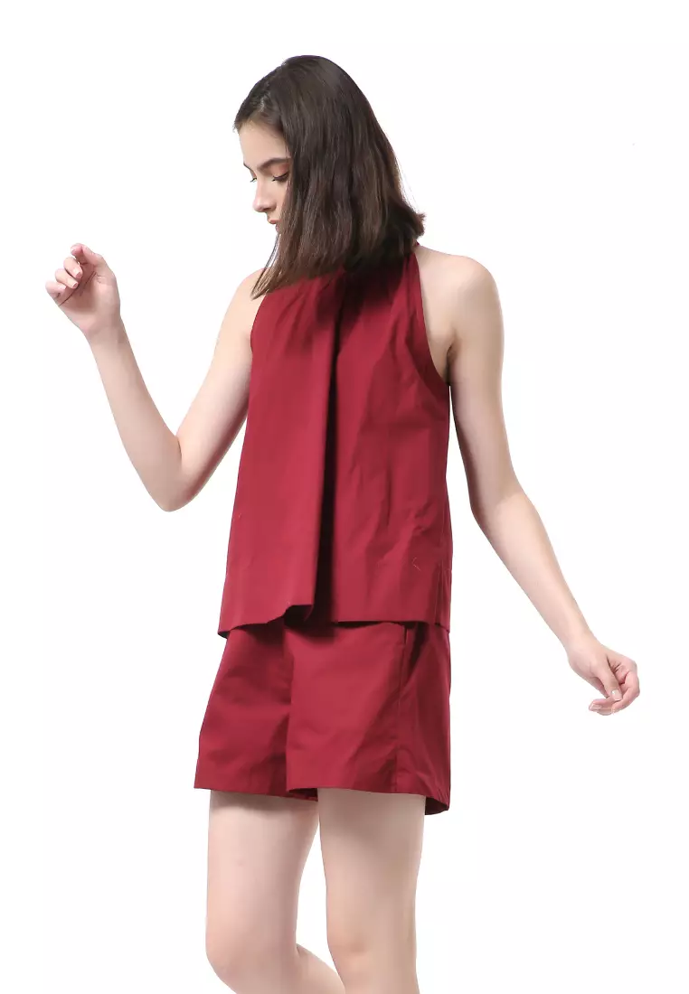 Nayra One Set Setelan Wanita Sleeveless Blouse with Short Pants Plain Motive Material Cotton ORIGINAL - Maroon