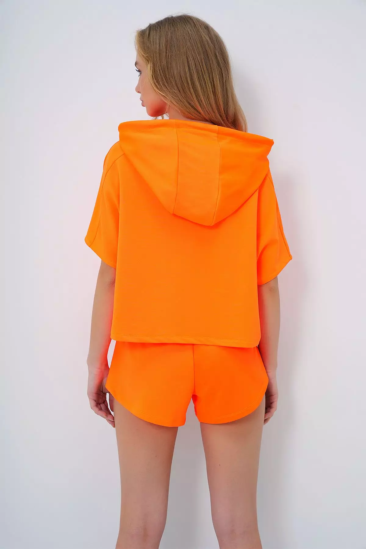 Women's Orange Hooded Crop Sweatshirt And Shorts Set Alc-760-001-Tk