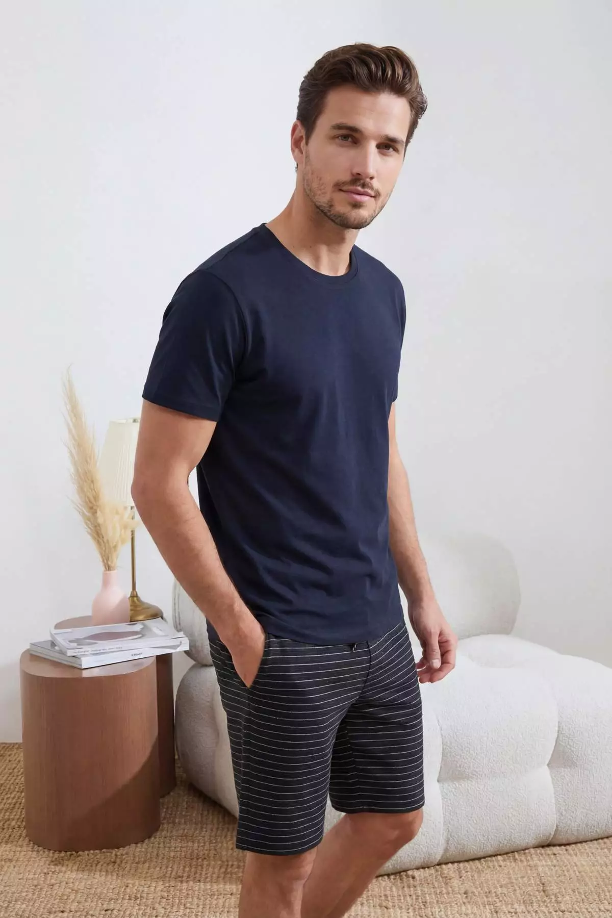 Buy Trendyol Dark Navy Regular/Normal Cut Bottom Striped Knitted Pajama ...