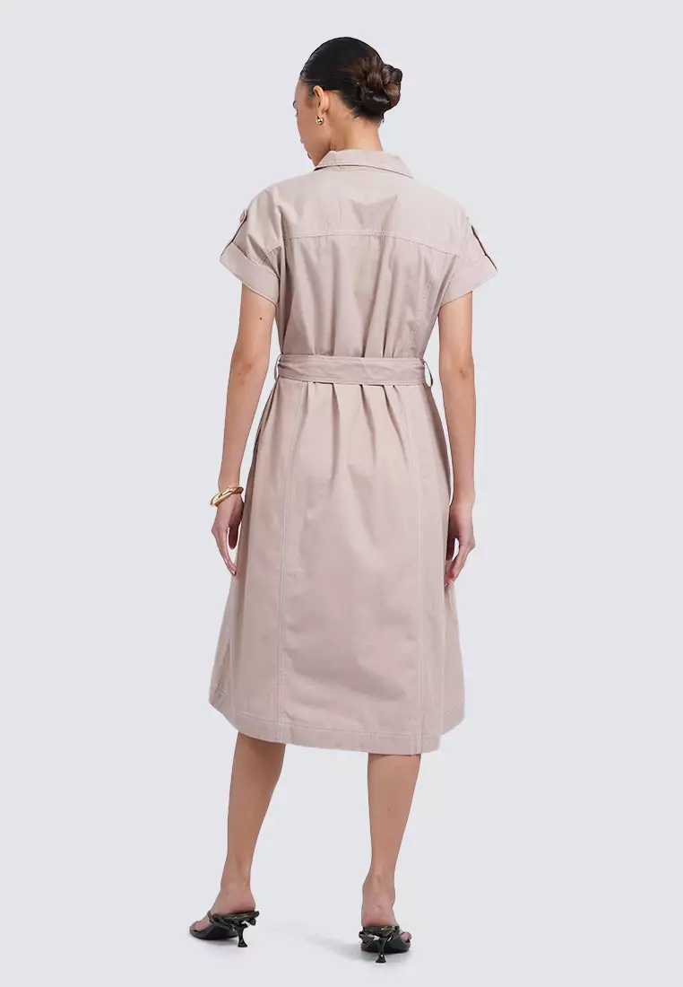 Belted Midi Dress with Double Pocket TAUPE