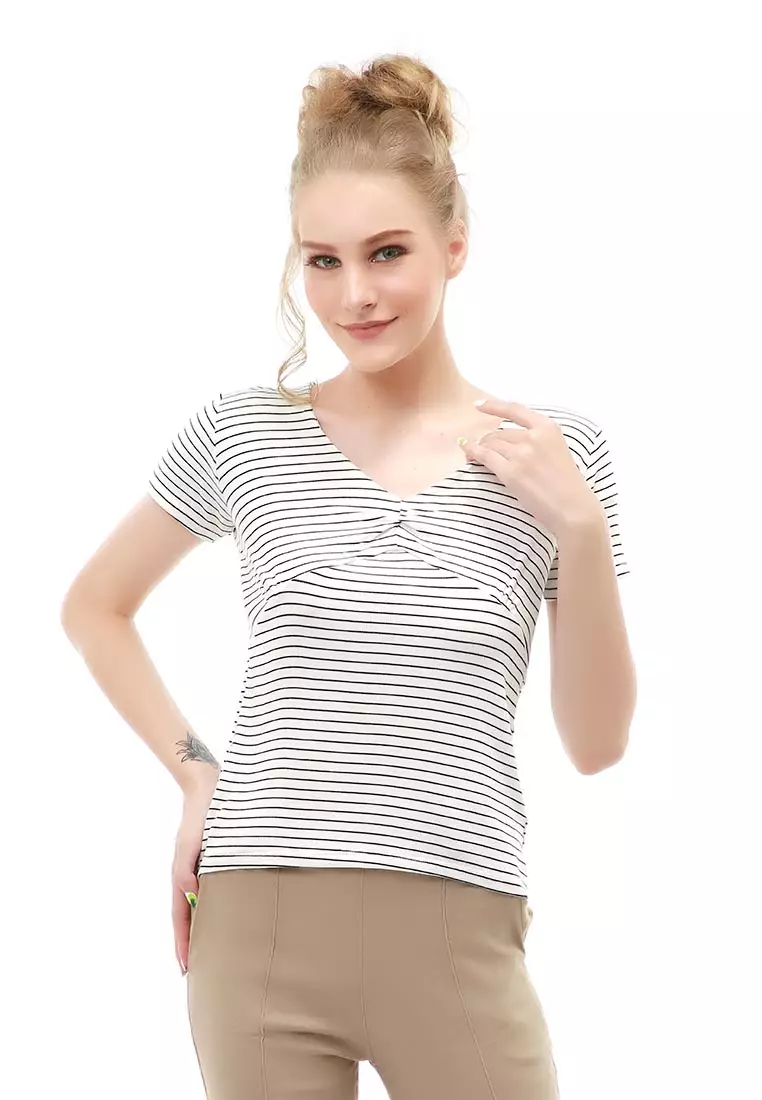 Genevie Blouse Kasual Wanita Lengan Pendek Model Salur Variasi Kerut Tengah Material Cotton ORIGINAL - White