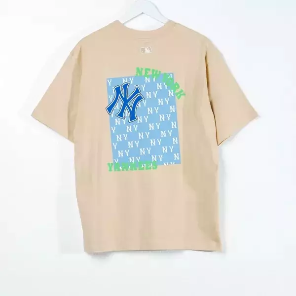 Kaos MLB NY NEW YORK MONOGRAM SQUARE BLUE BACK BEIGE TSHIRT 100% ORIGINAL