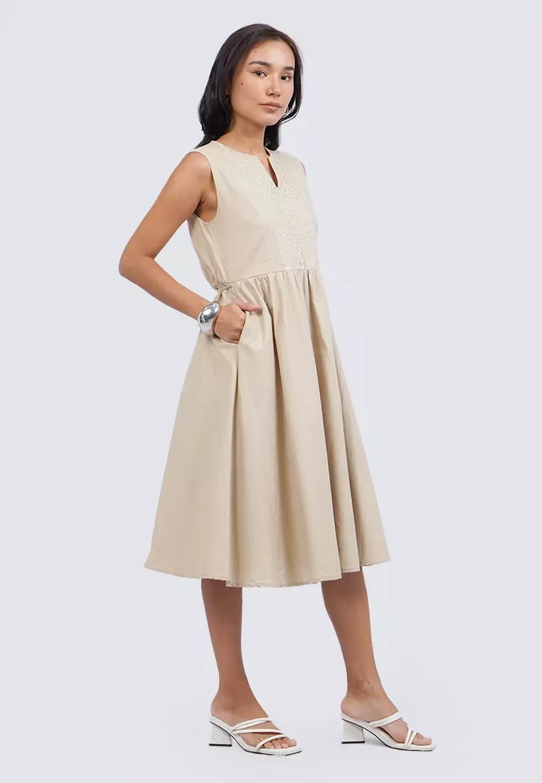 Embroidered Sleeveless Midi Dress KHAKI
