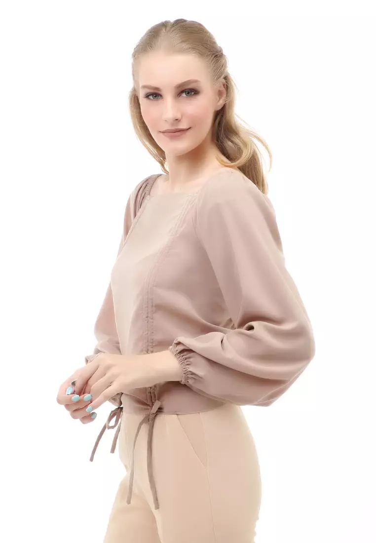 Cheva Blouse Atasan Wanita Sabrina Tali Lengan Panjang Casual Top Long Sleeve Comfortable Material Wolfis ORIGINAL - Brown Milk